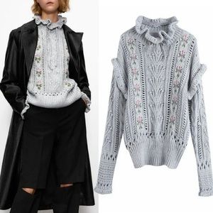 STELLAH Crochet Floral Bohemian Ruffles Tie Neck Sweater